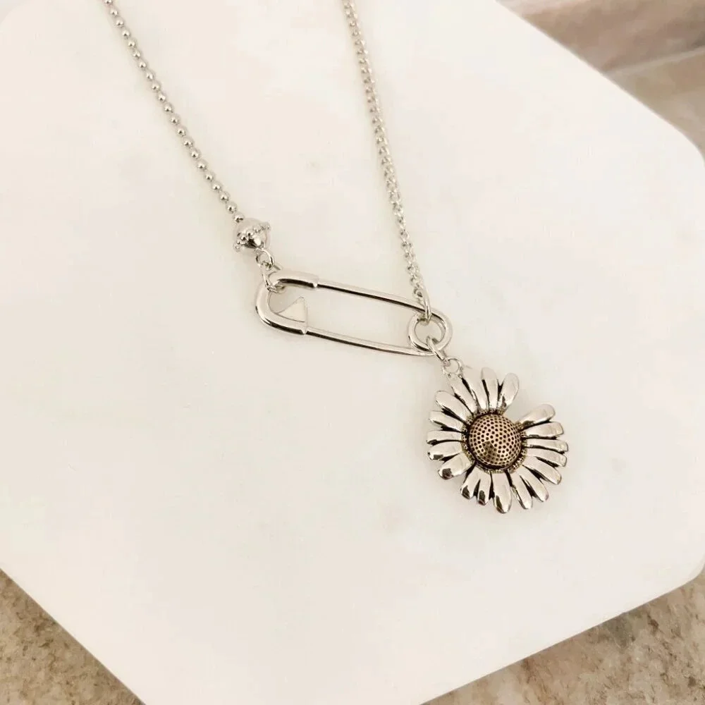 925 Sterling Silver Sunflower Necklace Modern Flower Necklace Paperclip Necklace